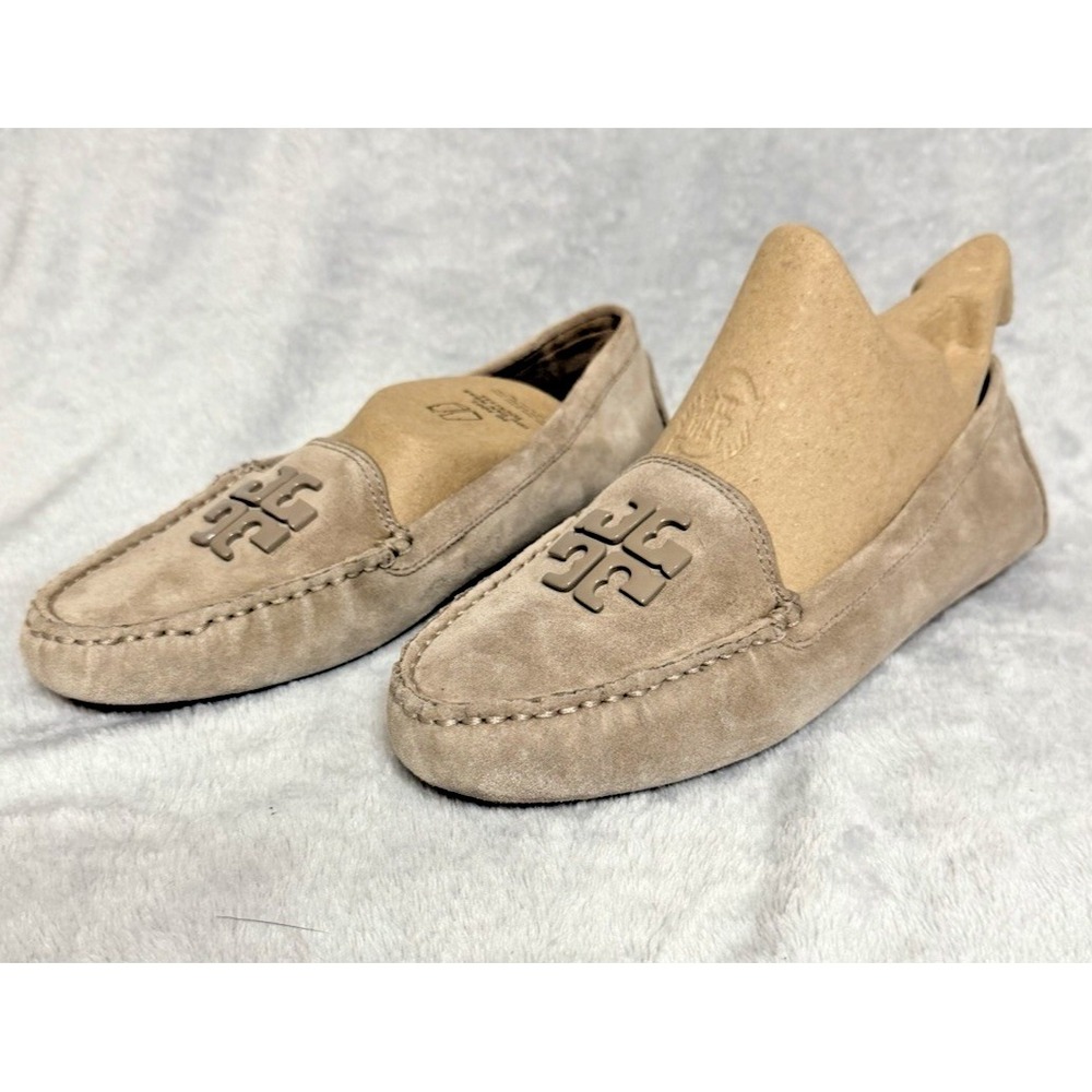 Tory Burch French Gray Taupe Suede Leather Lowell 2 Driver Loafer SZ 9 NEW - Picture 2 of 7